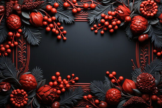 a Christmas frame adorned with fir branches on red background, in the style of spectacular backdrops, vibrant colors