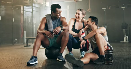 Fotobehang Fitness Fitness, group and conversation in gym with confidence, workout and exercise class. Diversity, friends talk and wellness portrait of athlete with coach ready for training and sport at a health club