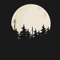 Vector night background with trees and full moon. Forest landscape illustration, place for text.