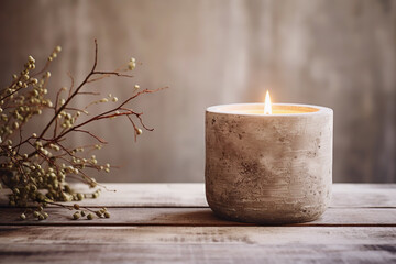 Rustic and grunge-style candle on a wooden table, creating a cozy and textured home decor setting.