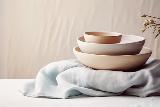 Close-up of elegant ceramics and textiles on a table, featuring an earthy color palette and a minimalistic design.