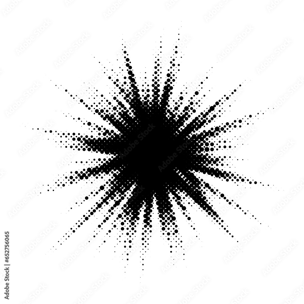 Poster halftone burst element. pop art style dotted explosion. black light star burst with grunge textured 