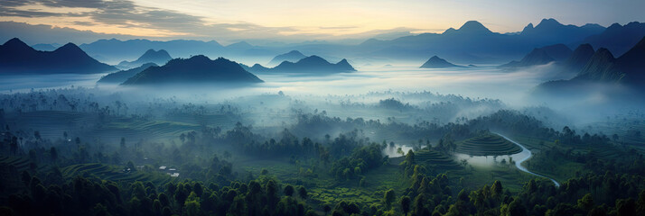 Aerial view of Foggy landscape in the jungle. Fog and cloud mountain tropic valley landscape. Generative Ai