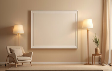 Empty Shelf and Armchair with Spotlights for Exhibit in the Interior, Blank Frame inside Modern Living Room, using generative ai