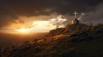 Apocalypse, Holy cross with the sky above Golgotha hill covered with light and clouds. Generative Ai