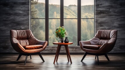 Livingroom, two leather chair at wooden round coffee table in Mid - century home interior design of modern living room, Generative AI