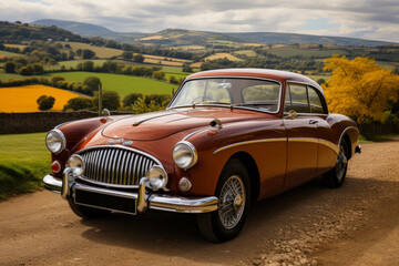  Beautifully restored vintage British sports car in a picturesque countryside, Generative AI  - Powered by Adobe