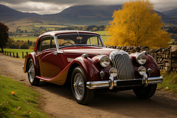  Beautifully restored vintage British sports car in a picturesque countryside, Generative AI  - obrazy, fototapety, plakaty