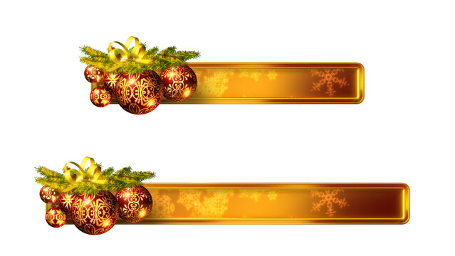 Christmas banners or lower-thirds, transparent PNG design elements. 3D illustration. Two sizes. Red and gold baubles.