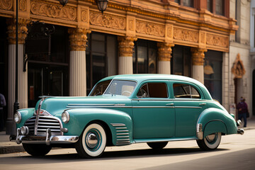 Classic 1940s sedan parked in front of an art deco building, Generative AI