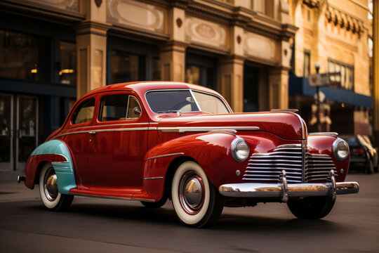 Classic 1940s sedan parked in front of an art deco building, Generative AI