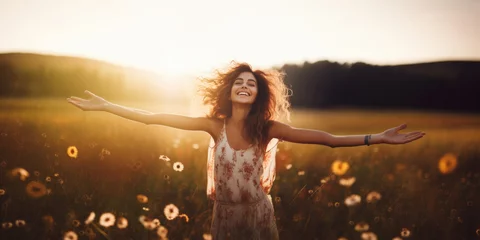 Papier Peint photo Lavable Prairie, marais Beautiful smiling carefree woman with opened arms in a meadow