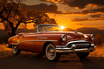 Fototapeta premium Classic 1950s convertible car under a golden sunset, Generative AI