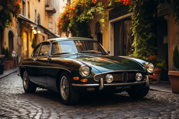Classic Italian sports car parked on a cobblestone street, Generative AI - obrazy, fototapety, plakaty