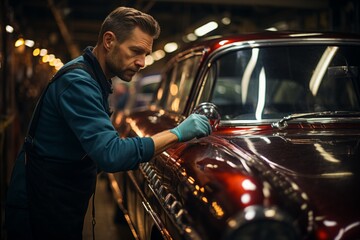 Vintage car enthusiast polishing their cherished classic automobile, Generative AI