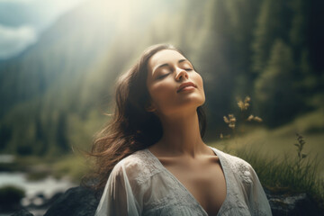 Young woman feeling relieved in beautiful green nature, enjoying the breeze, breathing the fresh air - obrazy, fototapety, plakaty