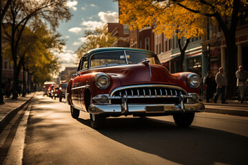 Vintage car parade during a hometown festival, Generative AI