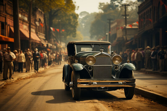 Vintage car parade during a hometown festival, Generative AI - Powered by Adobe