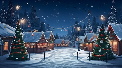 strange night Christmas street background with Christmas spruce trees, snow and fair stalls - obrazy, fototapety, plakaty