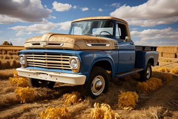  Vintage pickup truck loaded with hay bales on a farm, Generative AI - obrazy, fototapety, plakaty