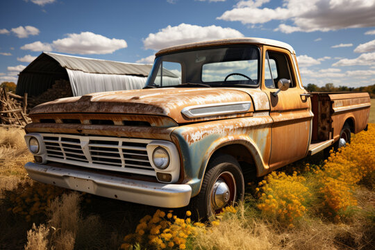  Vintage pickup truck loaded with hay bales on a farm, Generative AI