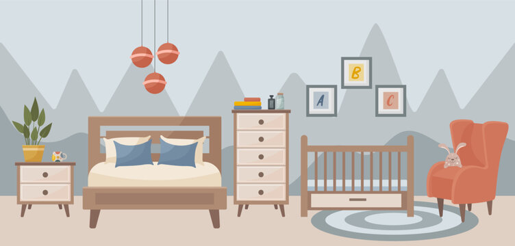 Cozy bedroom with a children's bed. Bedroom interior: bed, carpet, lamp, crib, potted plants, paintings, armchair, bedside table. Interior concept. Vector flat illustration.