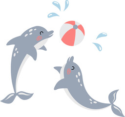 Vector illustration of two cute dolphins playing with a ball in fun and simple geometric style