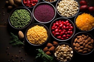 Captivating top-down image showcasing a rich variety of legumes, nuts, and seeds on a dark, textured wooden table, emphasizing the diversity and beauty of vegan protein options.