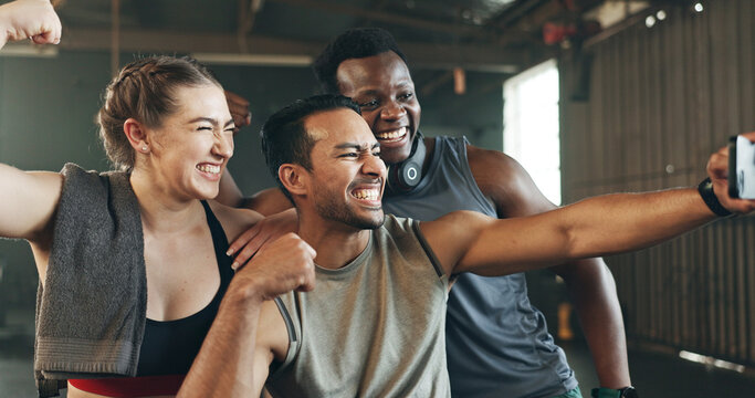Selfie, motivation and fitness with friends at gym for social media, workout and health. Support, profile picture and wellness with people and training for teamwork, photography and exercise together