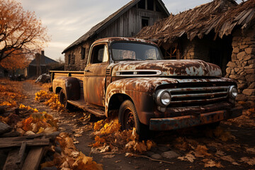  Weathered vintage pickup truck in a rustic farm setting, Generative AI - obrazy, fototapety, plakaty