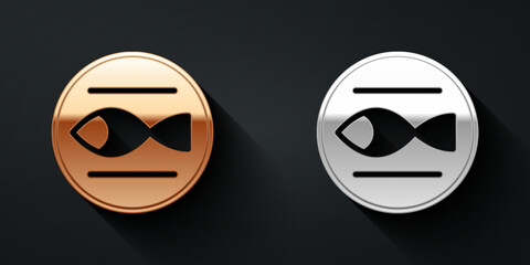 Gold and silver Pisces zodiac sign icon isolated on black background. Astrological horoscope collection. Long shadow style. Vector