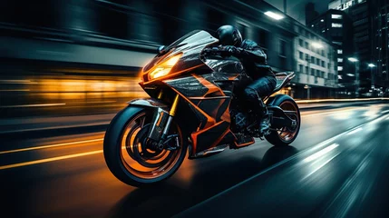 Photo sur Plexiglas Moto EBR racing motorcycle bicker with abstract long exposure dynamic speed light trails in an urban environment city, Generative AI