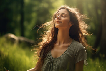 Beautiful young woman with long wavy hair practicing yoga in green nature