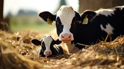 Foto op Plexiglas Cow and newborn calf lying in straw at cattle farm. Domestic animals husbandry and reproduction. © Ziyan Yang