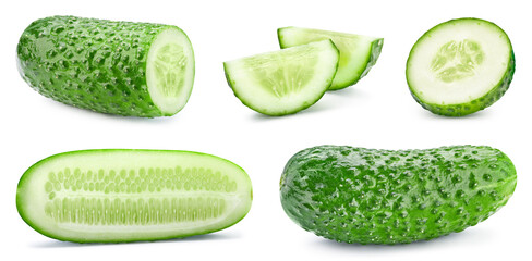 Cucumber clipping path. Organic fresh cucumber isolated on white. Full depth of field