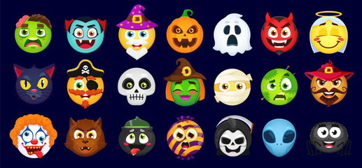 Cartoon Halloween emoji set. Vector zombie, vampire, wizard, pumpkin and ghost. Devil, angel, black cat and pirate. Skull, witch, mummy and voodoo doll with sinister clown, werewolf, alien or cauldron