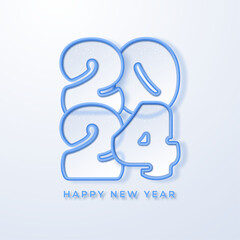 Happy New Year 2024 number in transparent soft style with rounded edges and frosted glass.