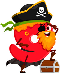 Halloween cartoon number 9 in pirate costume for holiday, vector character. Number two in Halloween costume of buccaneer filibuster with treasure chest and captain hat with eyepatch