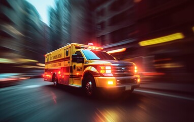 Blurred motion action view of an ambulance responding to the scene of an emergency. Generative AI