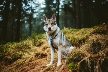 Naklejka na ściany i meble Closeup of an adorable Czechoslovakian Wolfdog standing in a lush green field