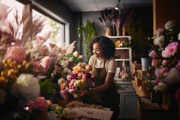Smiling African American woman florist arranging a beautiful bouquet of flowers in a flower shop - obrazy, fototapety, plakaty