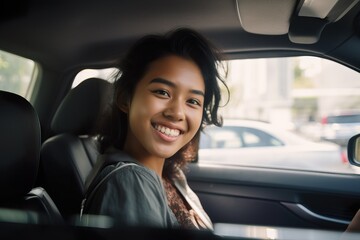 Smiling Young Southeast Asian Woman Driving Car. Generative AI