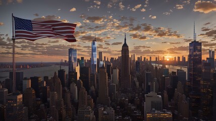 New York skyline silhouette with Twin Towers and USA flag at sunset. American Patriot Day banner.