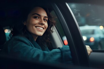 Smiling Young Caucasian Woman Driving a Car. Generative AI