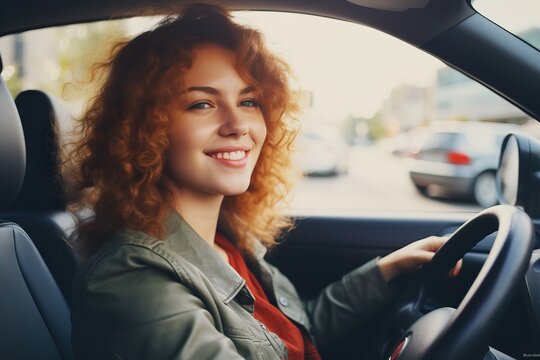 Smiling Young Caucasian Woman Driving a Car. Generative AI