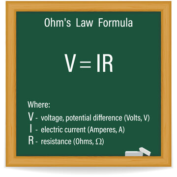 Ohm's Law Formula on a green chalkboard. Education. Science. Formula. Vector illustration.