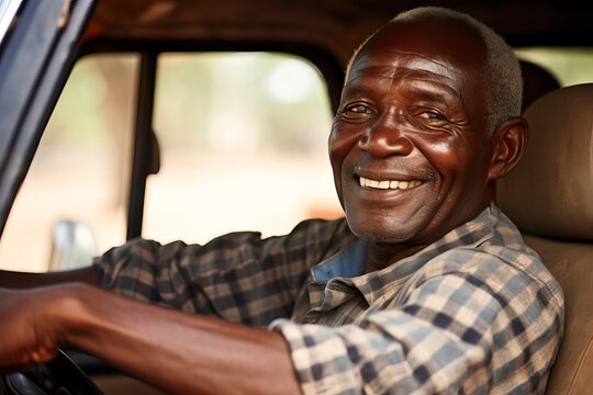 Smiling African Man Behind the Wheel of a Car. generative AI