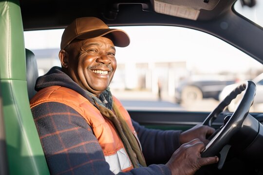 Smiling African Man Behind the Wheel of a Car. generative AI