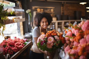 Smiling African American woman florist arranging a beautiful bouquet of flowers in a flower shop - obrazy, fototapety, plakaty
