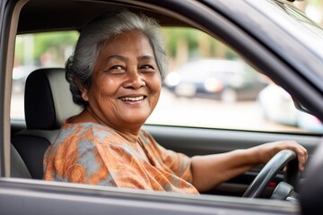  Smiling Senior Southeast Asian Woman Driving a Car. Generative AI